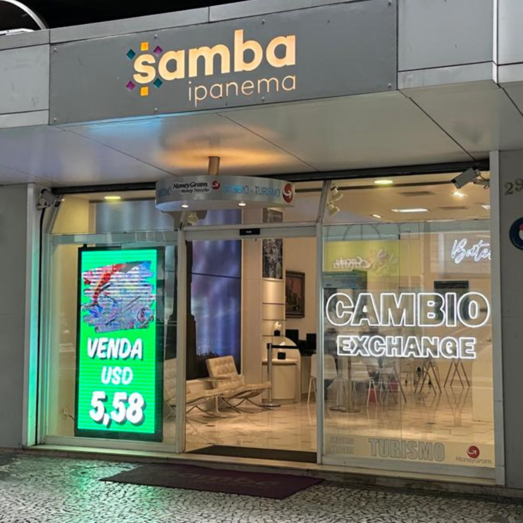 Fachada da loja Samba Ipanema, especializada em câmbio e turismo, localizada na Rua Visconde de Pirajá, em Ipanema, Rio de Janeiro.