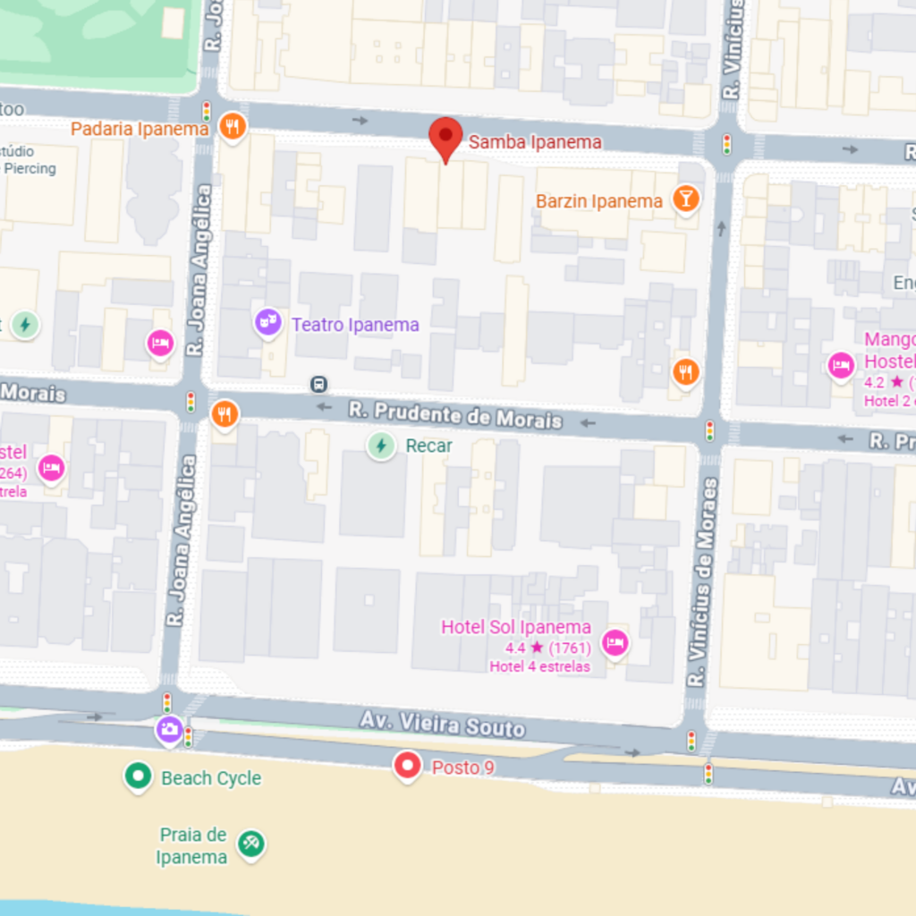 Mapa de localização da Samba Ipanema, na Rua Visconde de Pirajá, 291, Loja A, em Ipanema, Rio de Janeiro, próximo à Praia de Ipanema.