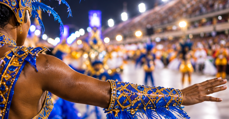 Integrante de escola de samba com fantasia azul e dourada durante desfile de Carnaval na Marquês de Sapucaí, no Rio de Janeiro.